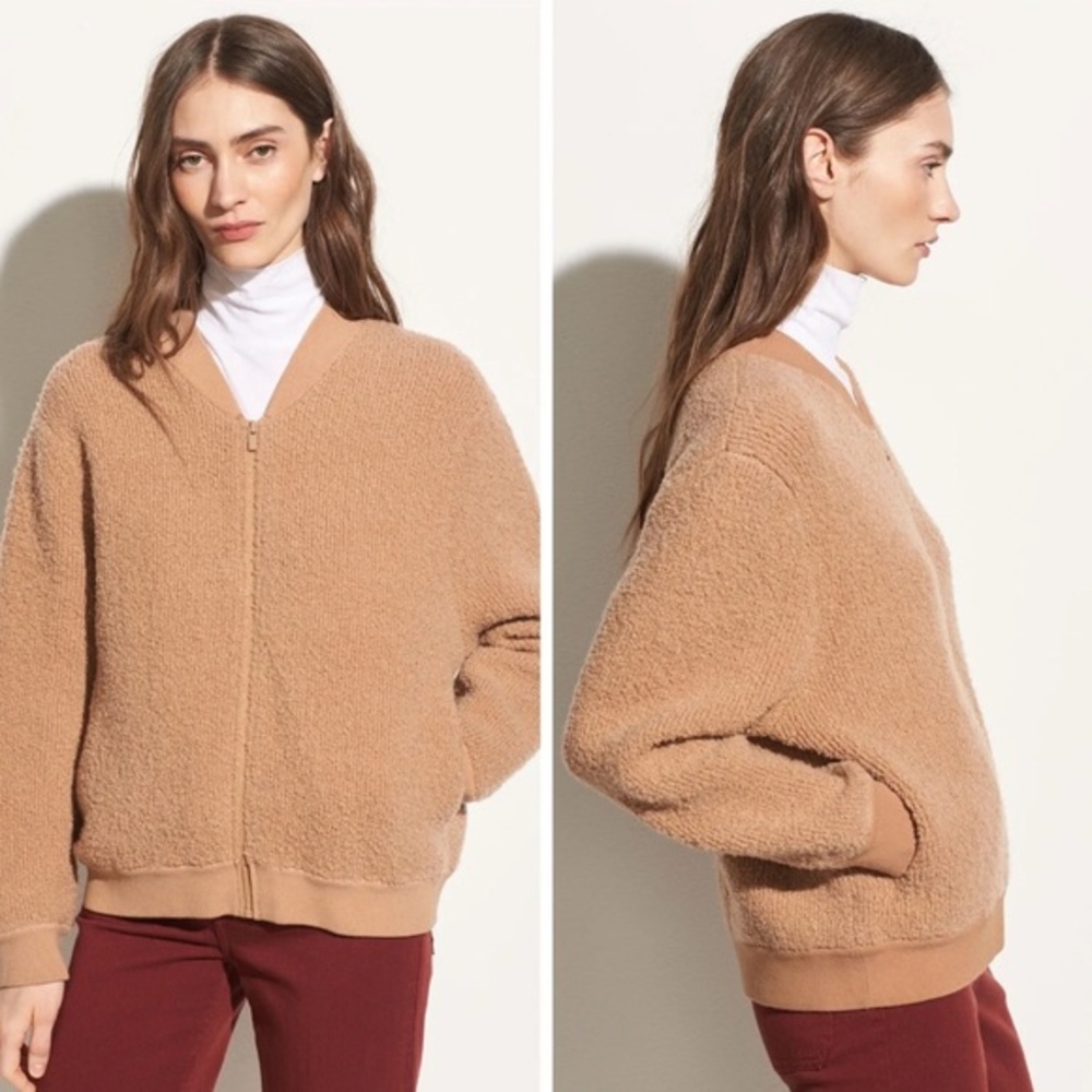 Vince Wool Boucle Knit Teddy Zip‎ Front Bomber Jacket Sweater XS